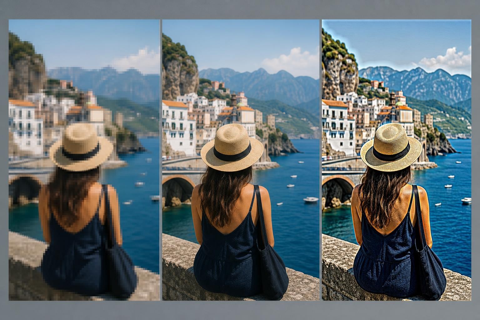 Guía para tareas como mejorar la calidad de una imagen Comparación conceptual entre una foto pequeña, una mejora equilibrada y un resultado sobreprocesado