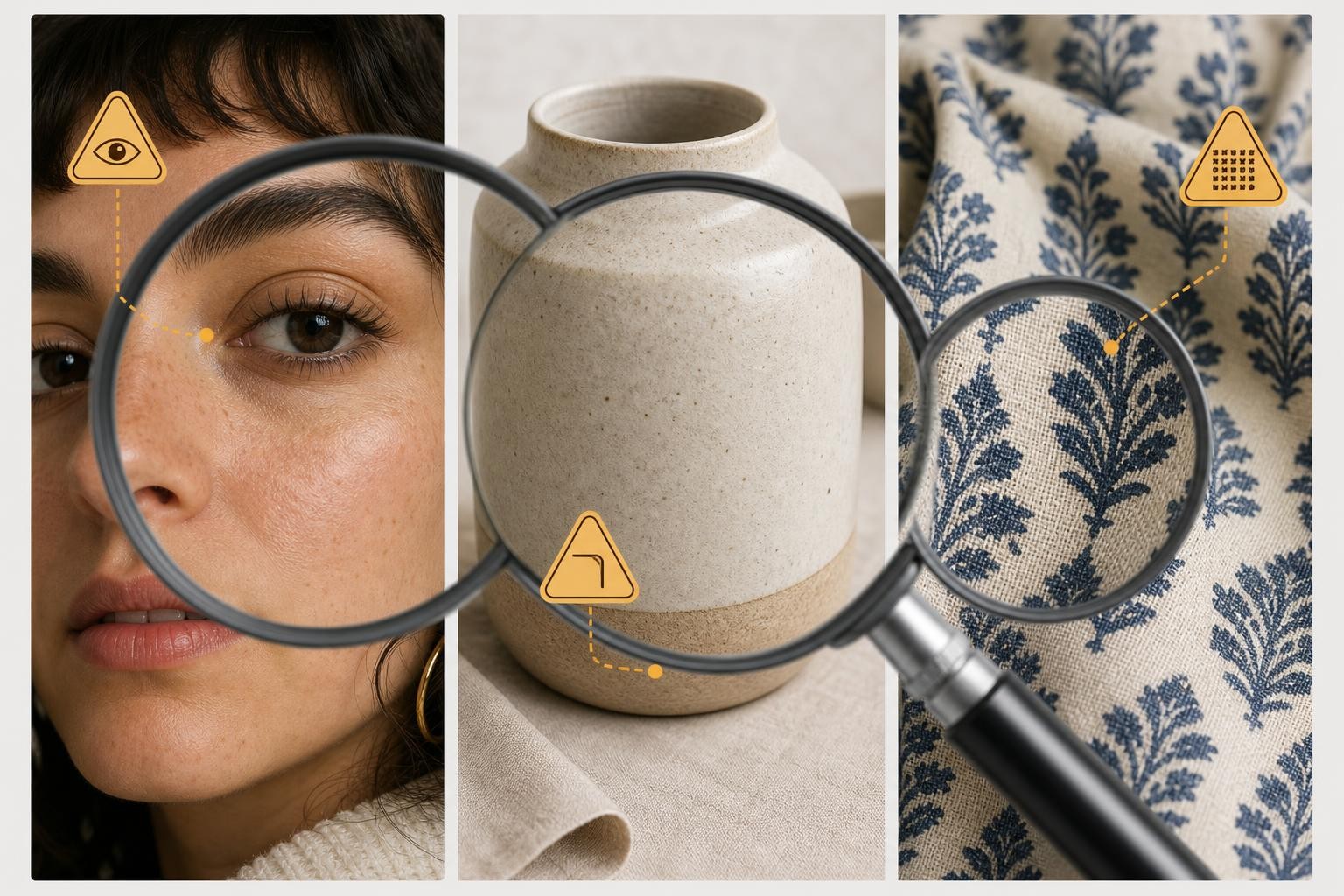 Revisión visual con lupa de un retrato, un producto y un patrón antes de exportar