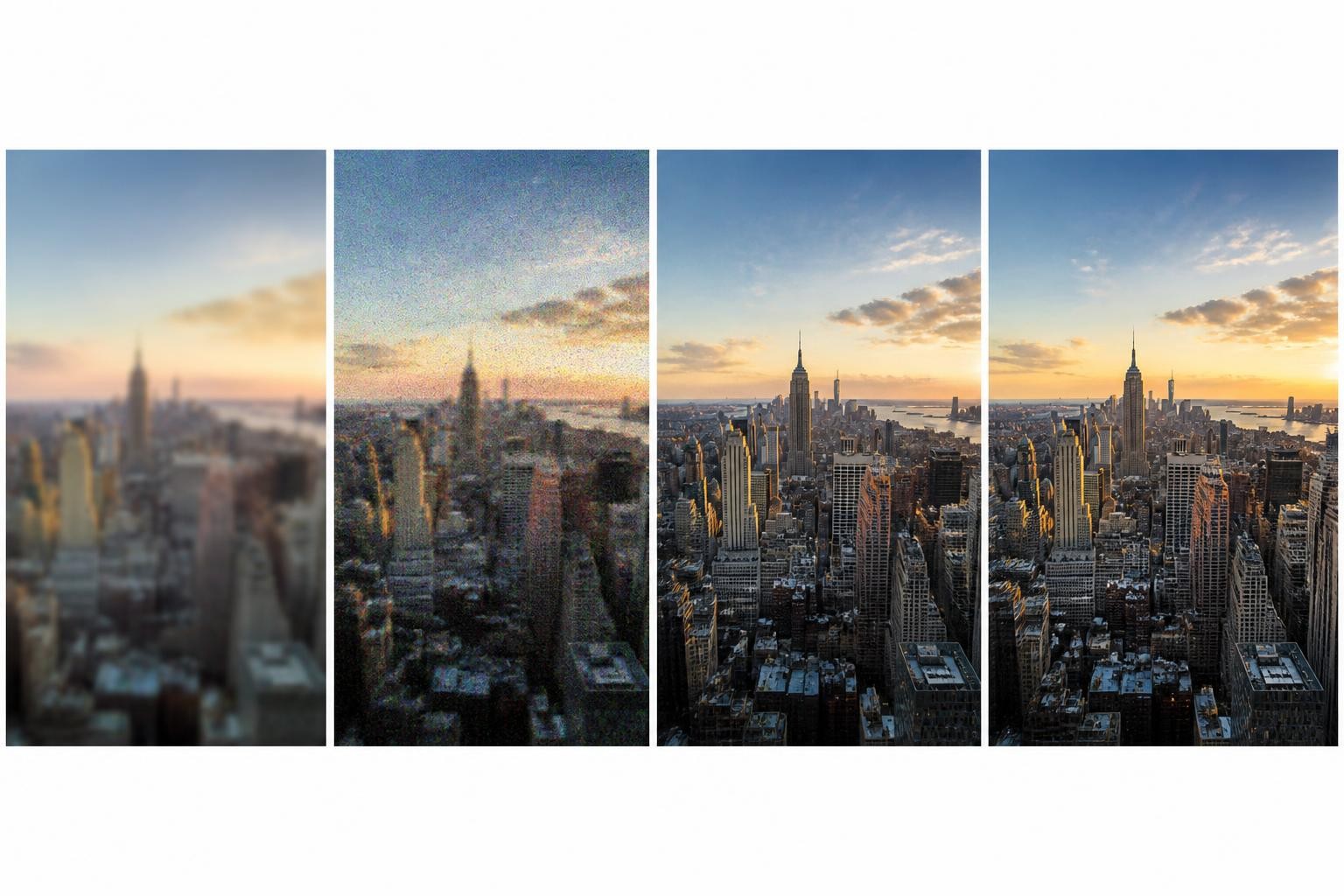 Cuatro paneles conceptuales que muestran las etapas de restauración de una fotografía: desenfoque, reducción de ruido, ampliación de resolución y corrección de luz