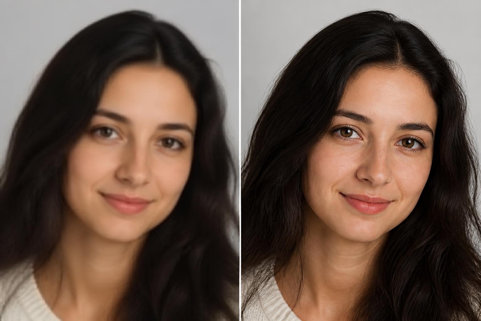 Cómo mejorar la calidad de una imagen en Photoshop (2026) Pantalla dividida que muestra una foto de retrato con poca resolución a la izquierda y la misma imagen ampliada con detalle nítido a la derecha