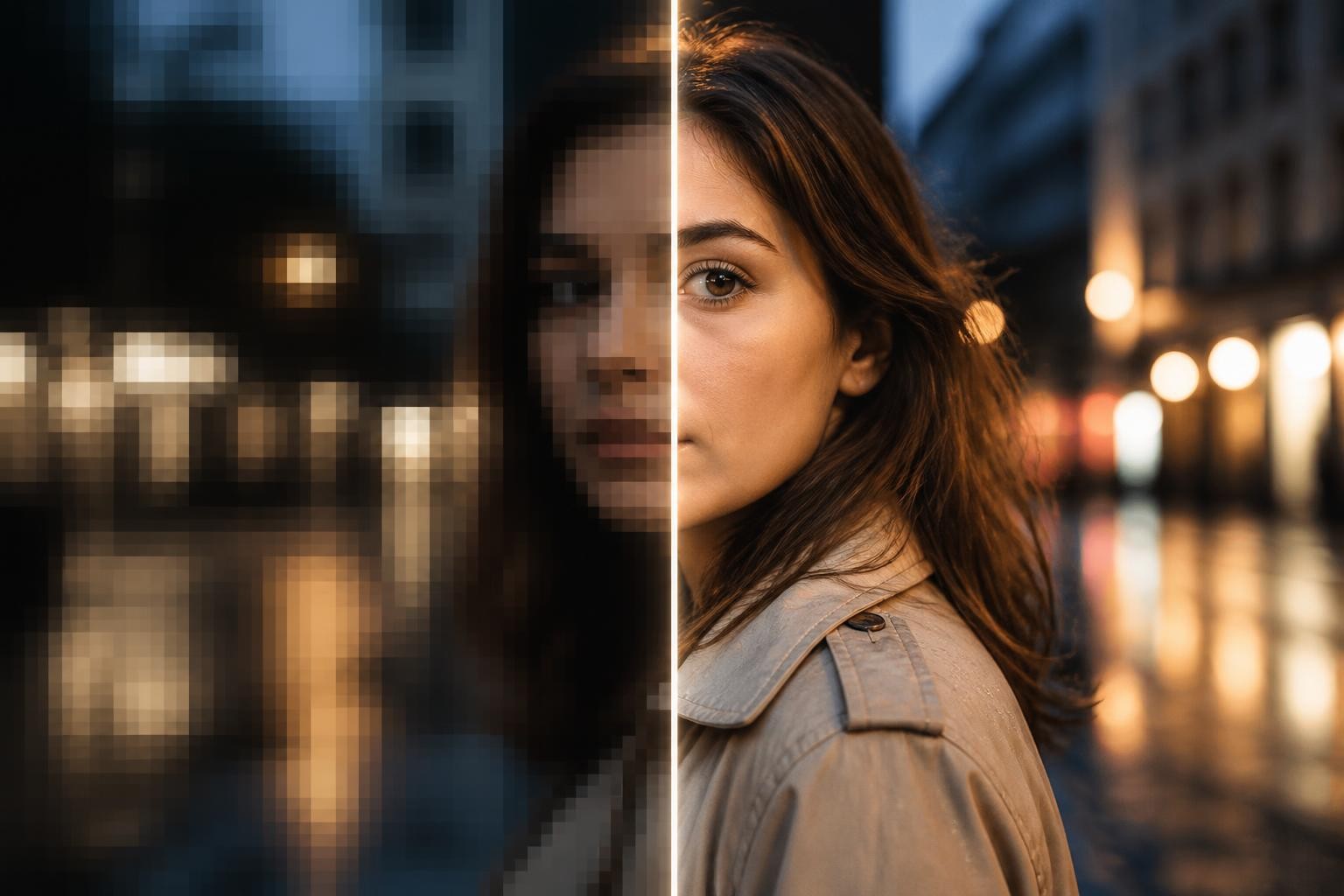 Prompt para mejorar la calidad de una imagen (ejemplos) Ilustración conceptual de una foto borrosa dividida en dos mitades, con la mitad derecha nítida y luminosa