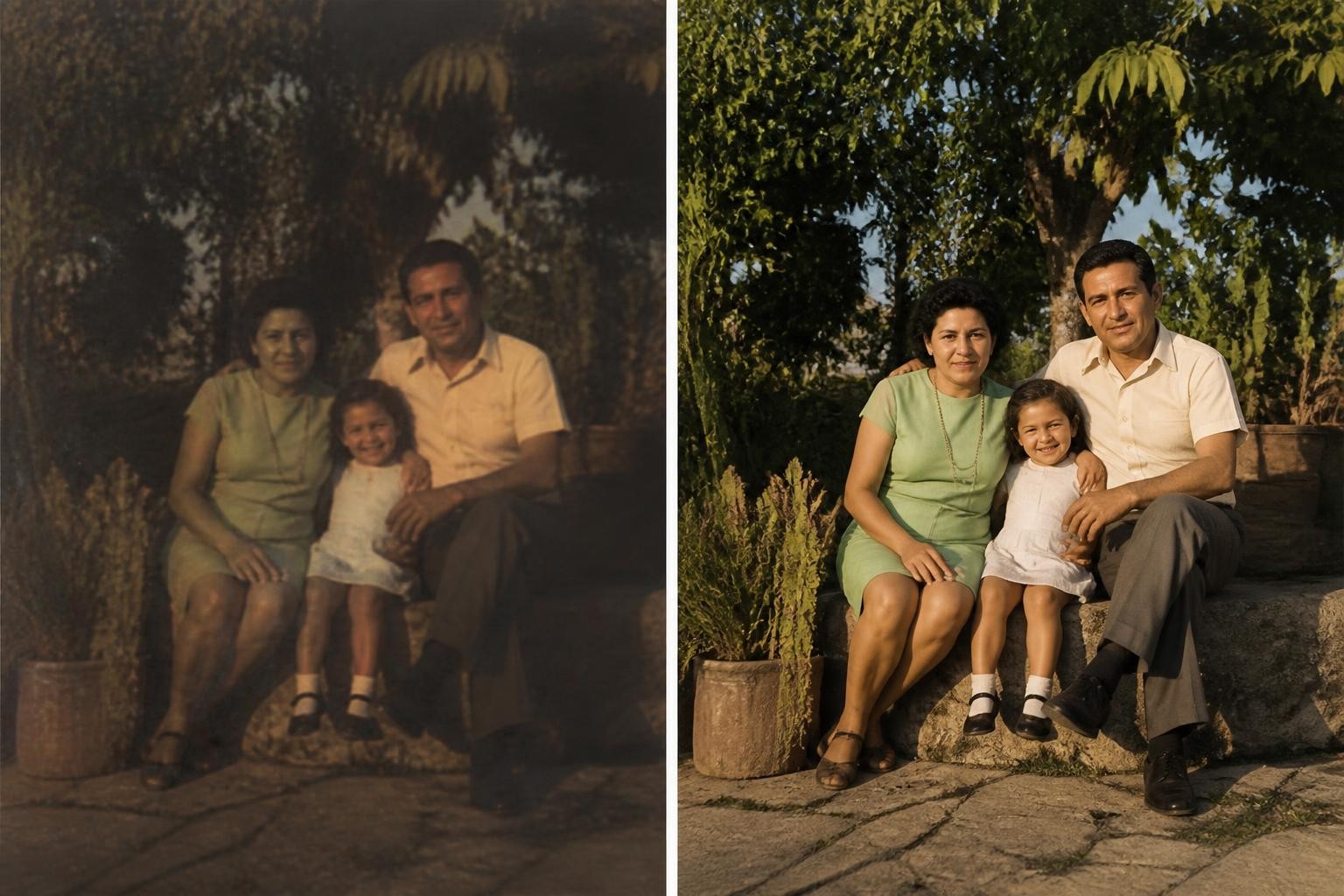 Comparación conceptual en dos paneles de una fotografía restaurada mediante IA: a la izquierda oscura y pixelada, a la derecha nítida y equilibrada
